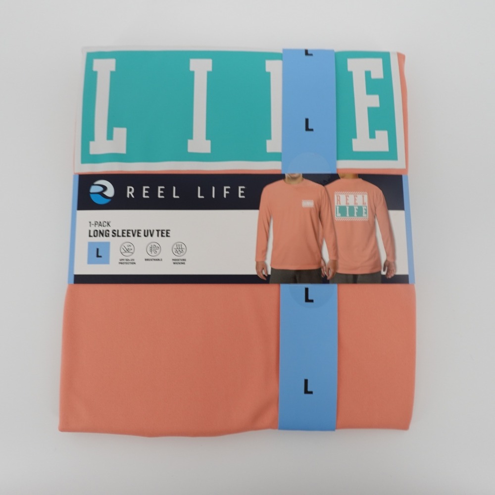 Reel Life Mens Large Jax Beach Long Sleeve UV Tee Coral UPF 50+ Fishing NEW